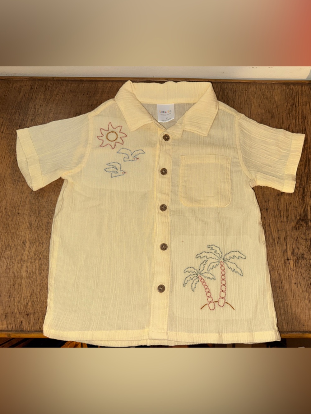 Little Co LC yellow linen Short-Sleeve Embroidered tropical Button-Down Shirt 3T